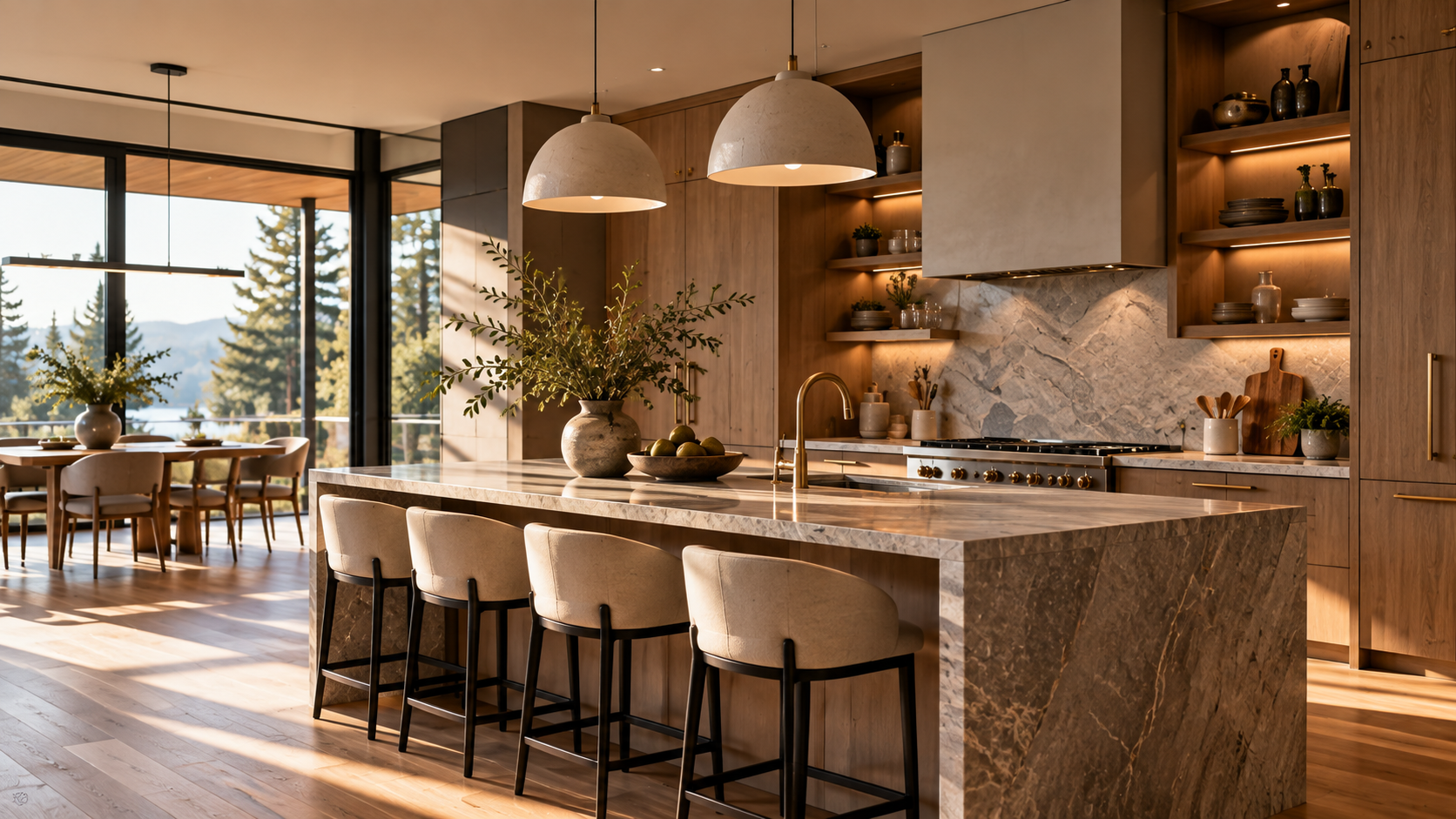 Warm modern kitchen with a marble island, oak cabinetry and pendant lights