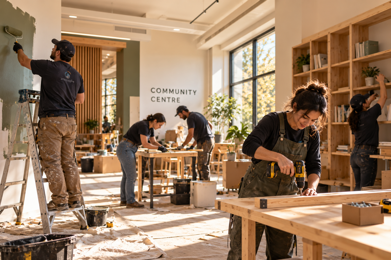 Aboshkal team renovating a bright community centre with painting, carpentry and shelving