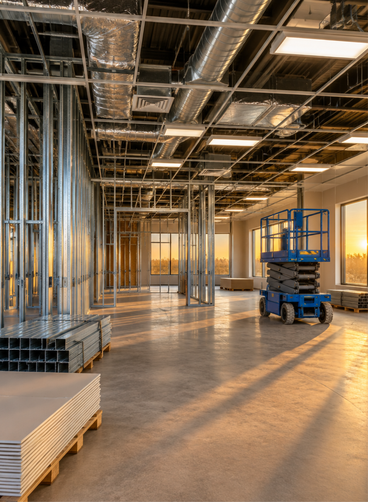 Commercial buildout under construction with exposed services and framing
