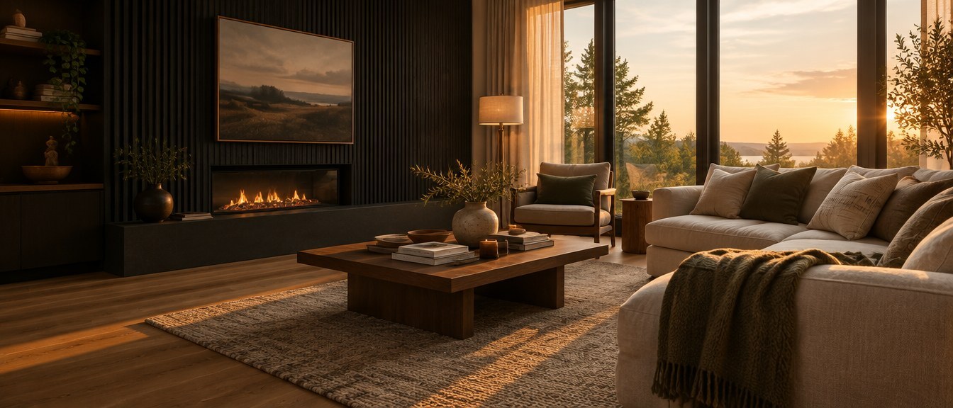 Warm living room at golden hour with a black fluted feature wall, fireplace and linen sofa