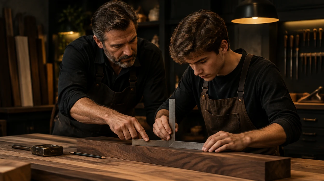 A mentor teaching an apprentice in a woodworking workshop