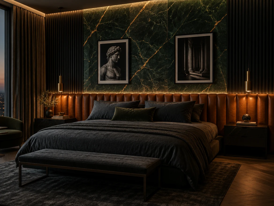 Bedroom with dark timber wall panels