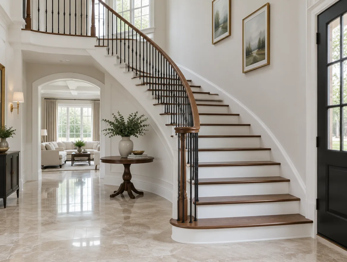 Curved staircase with walnut treads and black iron balusters in a bright entry