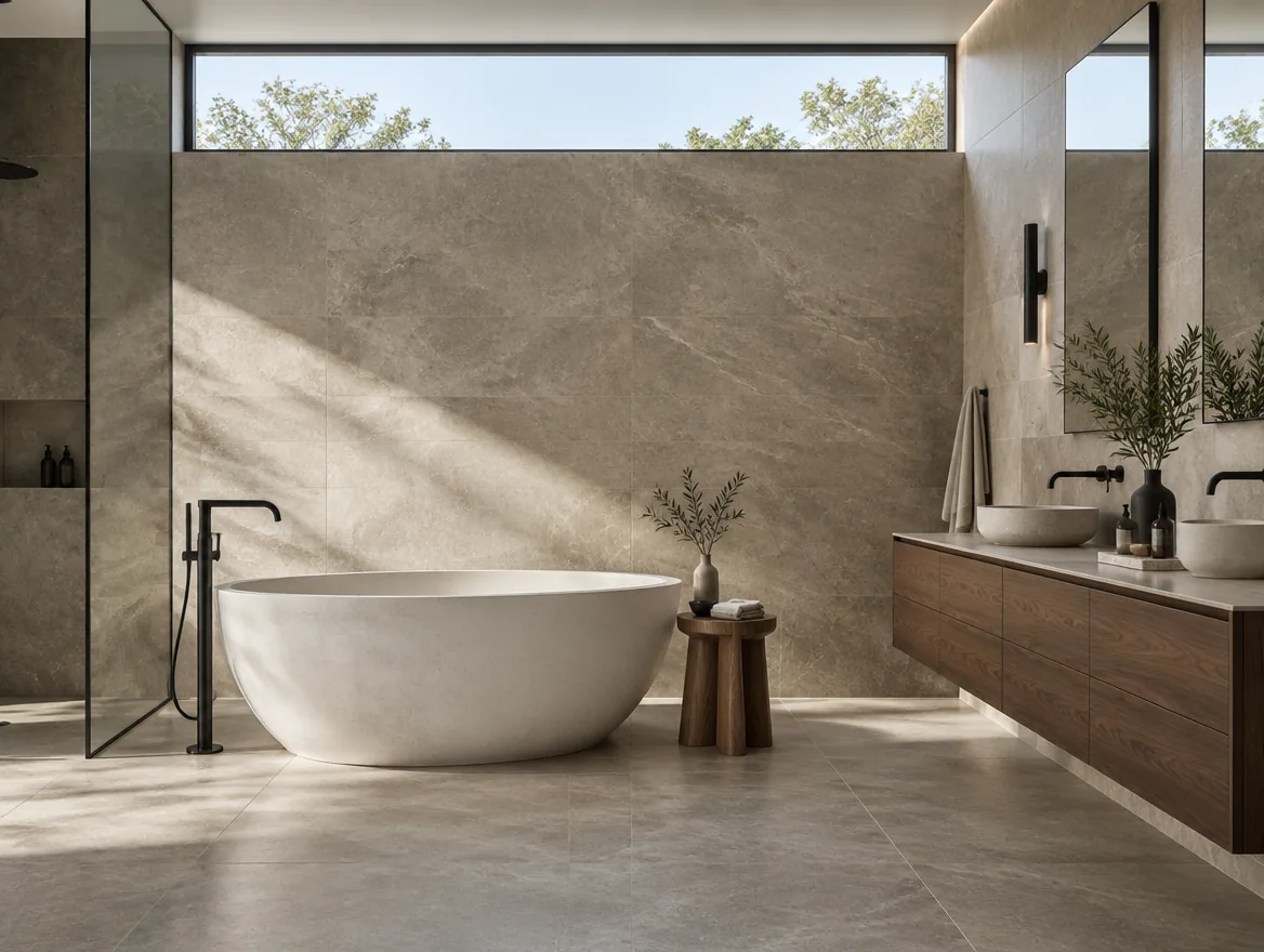 Bathroom with stone-look walls, freestanding tub and walnut vanity in natural light