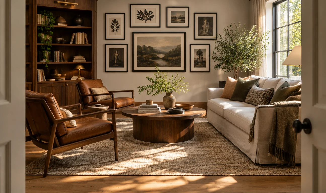 Completed Artisan Residence living room with built-in shelving and gallery wall